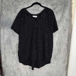 Womens Black White Striped Tie Front Short Sleeve V Neck Blouse Top Shirt